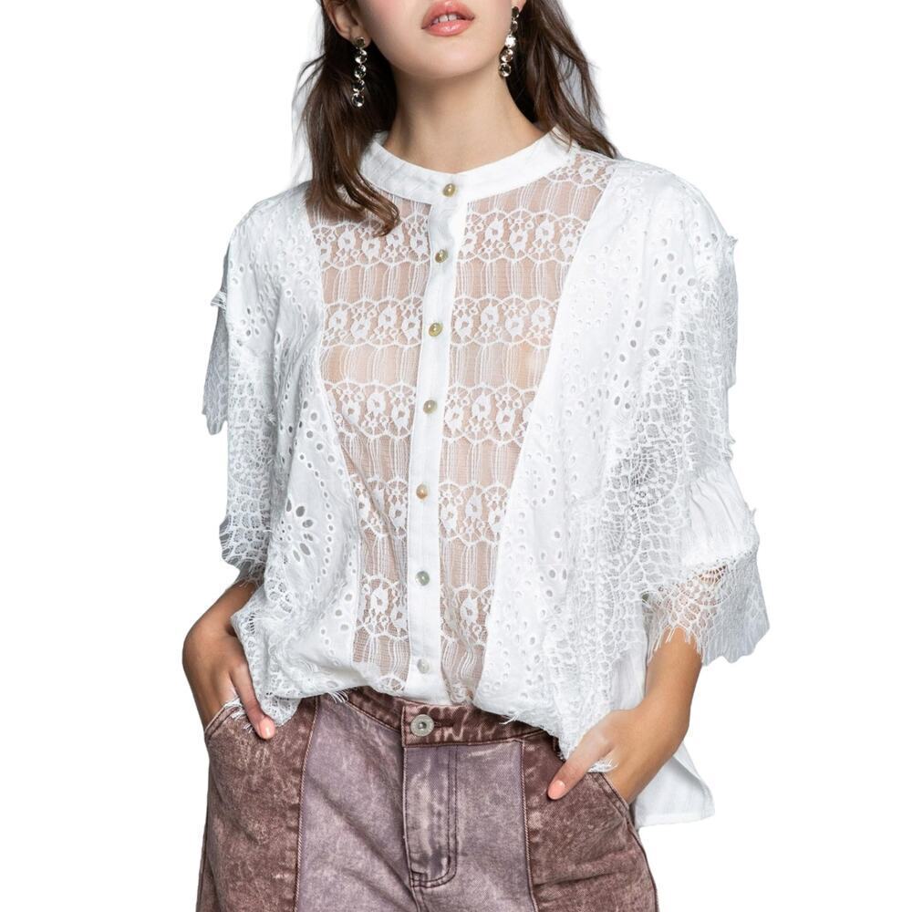 NWT POL Eyelet Lace Ruffle Hi-Low Hem Cotton Top Blouse Shirt